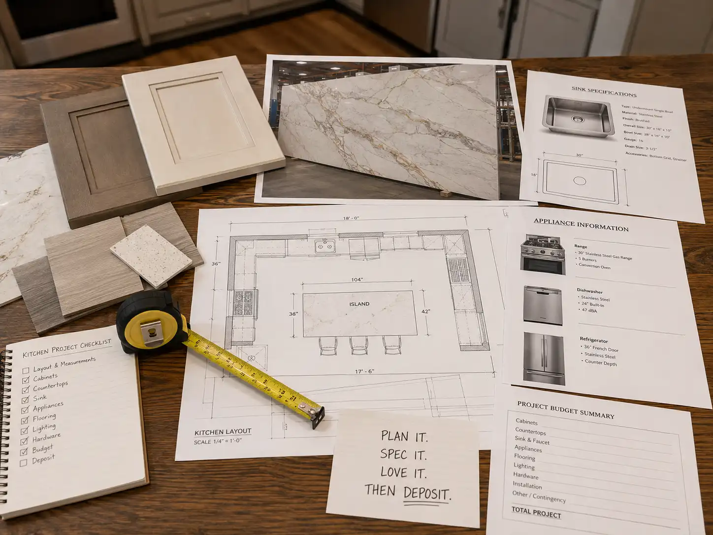 Kitchen plans, cabinet samples, sink details, and countertop selections prepared before reserving a slab
