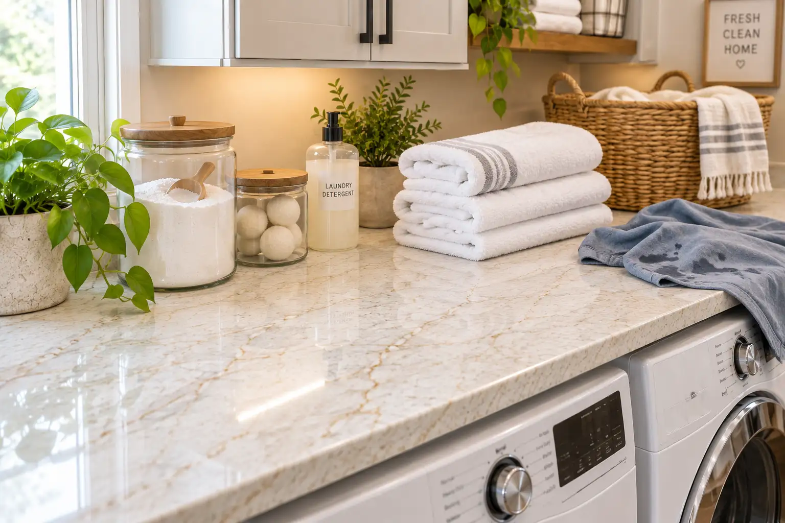 Durable laundry room countertop with detergent, folded towels, and a laundry basket