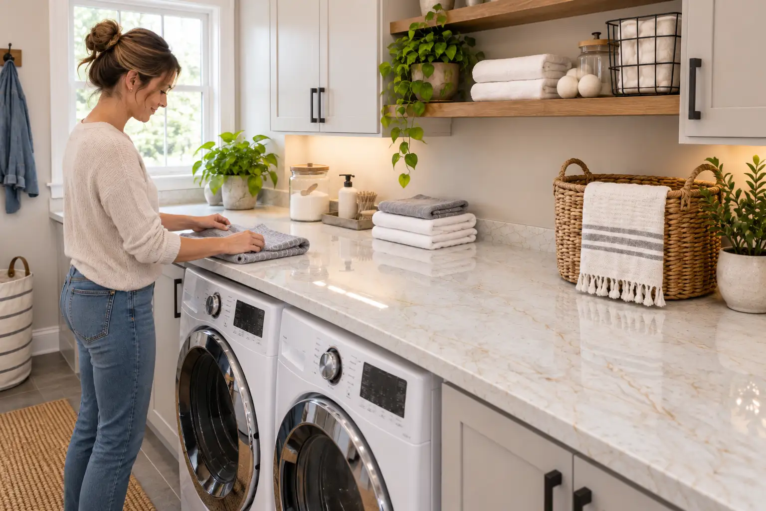 Homeowner folding towels on a countertop above a front-load washer and dryer