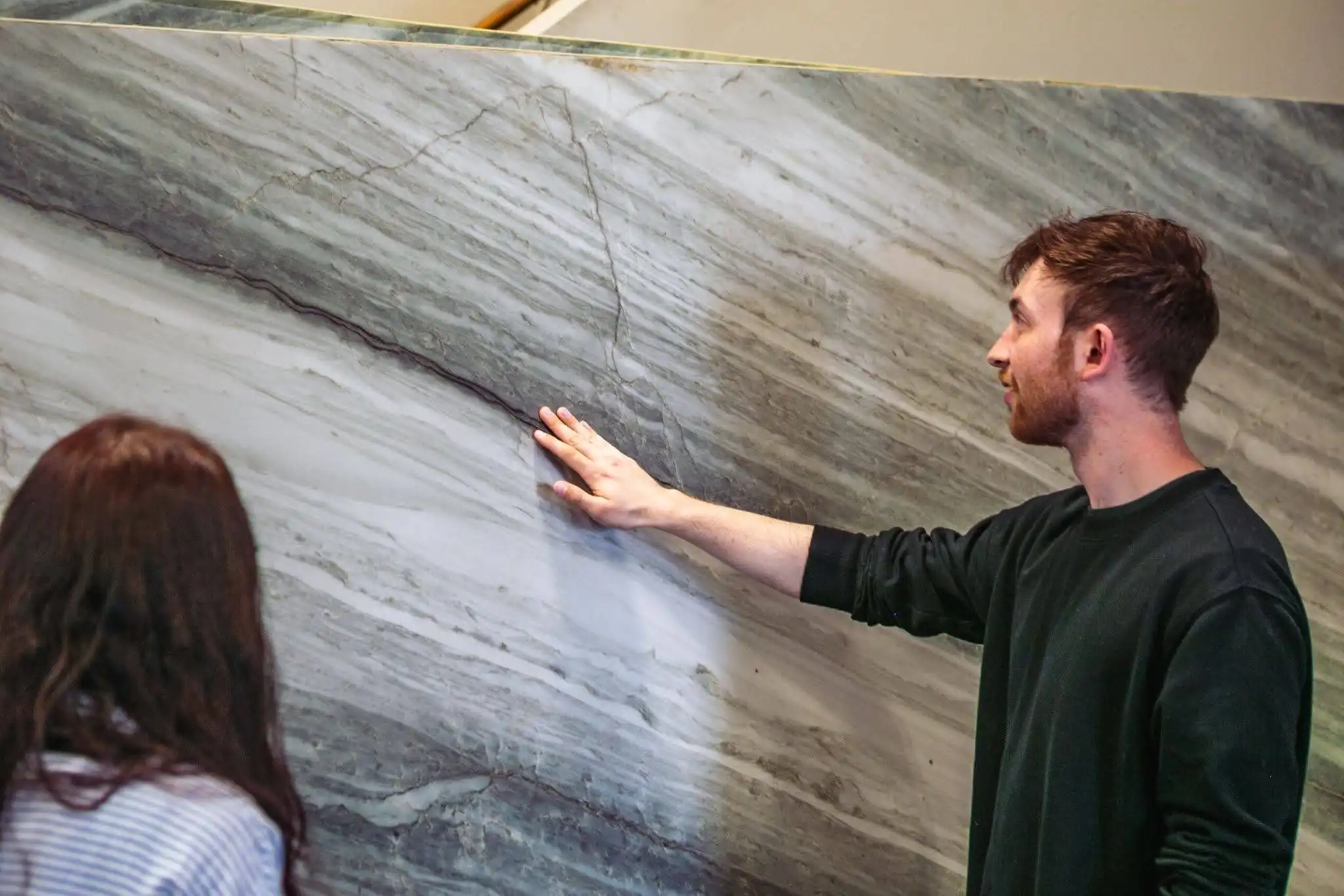 Full-size countertop slabs displayed at RBG Surfaces in Garden City