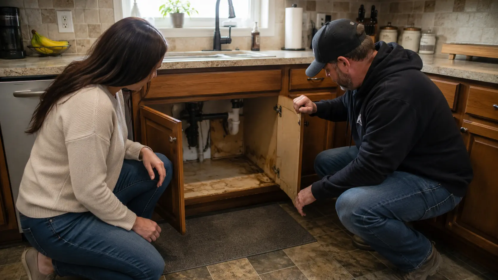 Homeowner and cabinet professional inspecting a sink-base cabinet for water damage before countertop replacement