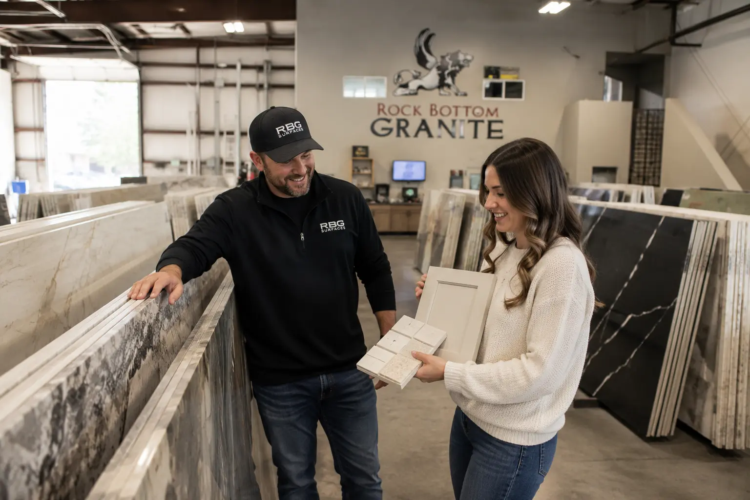 RBG Surfaces team member helping a homeowner compare countertop slabs