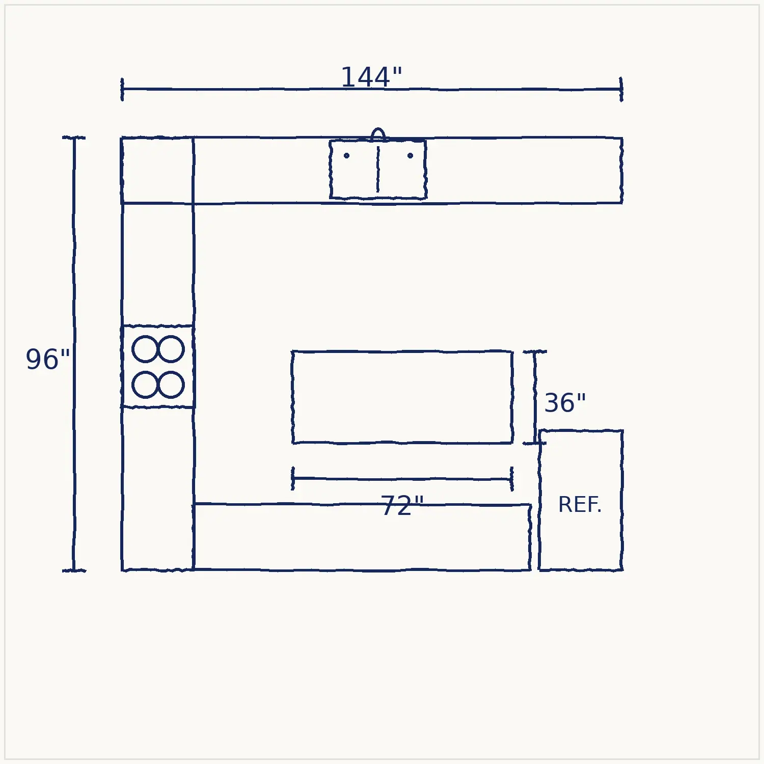 Hand-drawn U-shaped kitchen layout in blue pen with 144-inch and 96-inch wall measurements, plus sink, cooktop, island, and refrigerator marked.