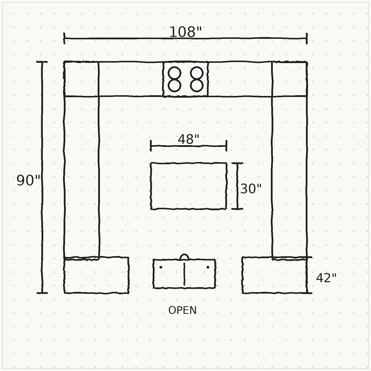 Pen drawing on dotted paper of a kitchen measuring 108 inches by 90 inches with a double sink, cooktop, a 48 by 30 inch island, and an open entry.