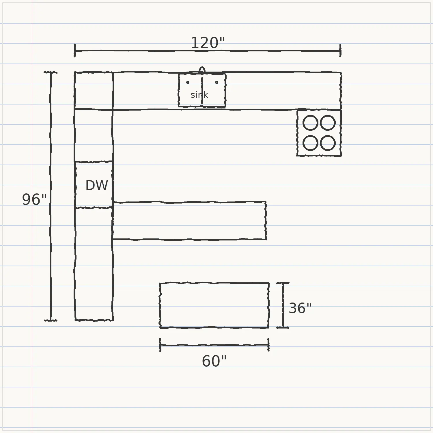Pencil sketch of an L-shaped kitchen on lined notebook paper showing 120-inch by 96-inch measurements with a sink, dishwasher, cooktop, and a 60 by 36 inch island.