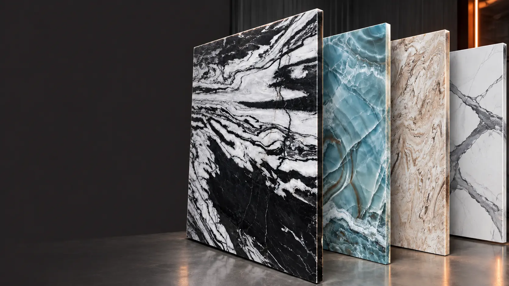 A lineup of black, blue, cream, and white full-size stone slabs in the RBG Surfaces yard