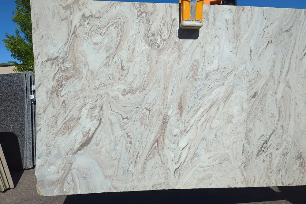 Mont Blanc polished dolomite slab displayed in the RBG yard